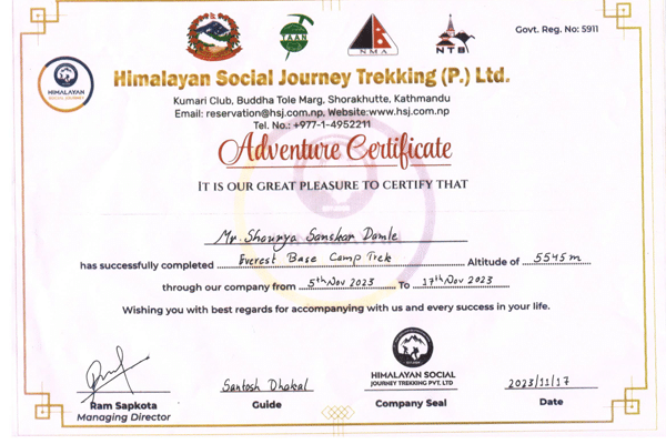 Shourya Damle from 1st E Aster successfully completed the 14 days Everest Base camp in Diwali Vacations.