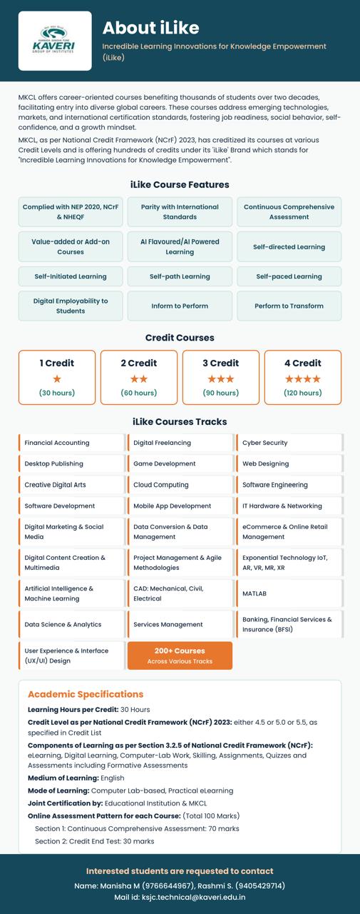 iLike Courses by Kaveri poster: course features, credit courses, tracks and contact details